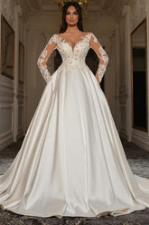 Vintage A Line Long Sleeve White Beaded Lace-up Lace Ball Gown Wedding Dresses with Pearls